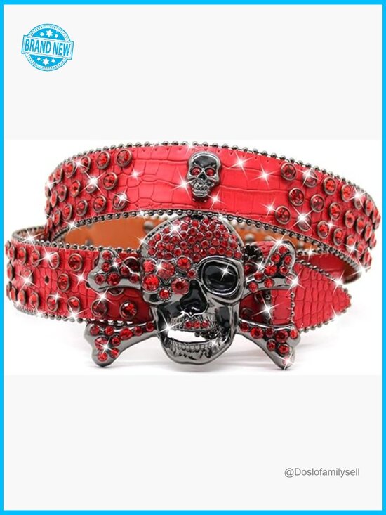 Rhinestone Skull Belt Punk Studded Western Adjustable Leather Y2K main image 7